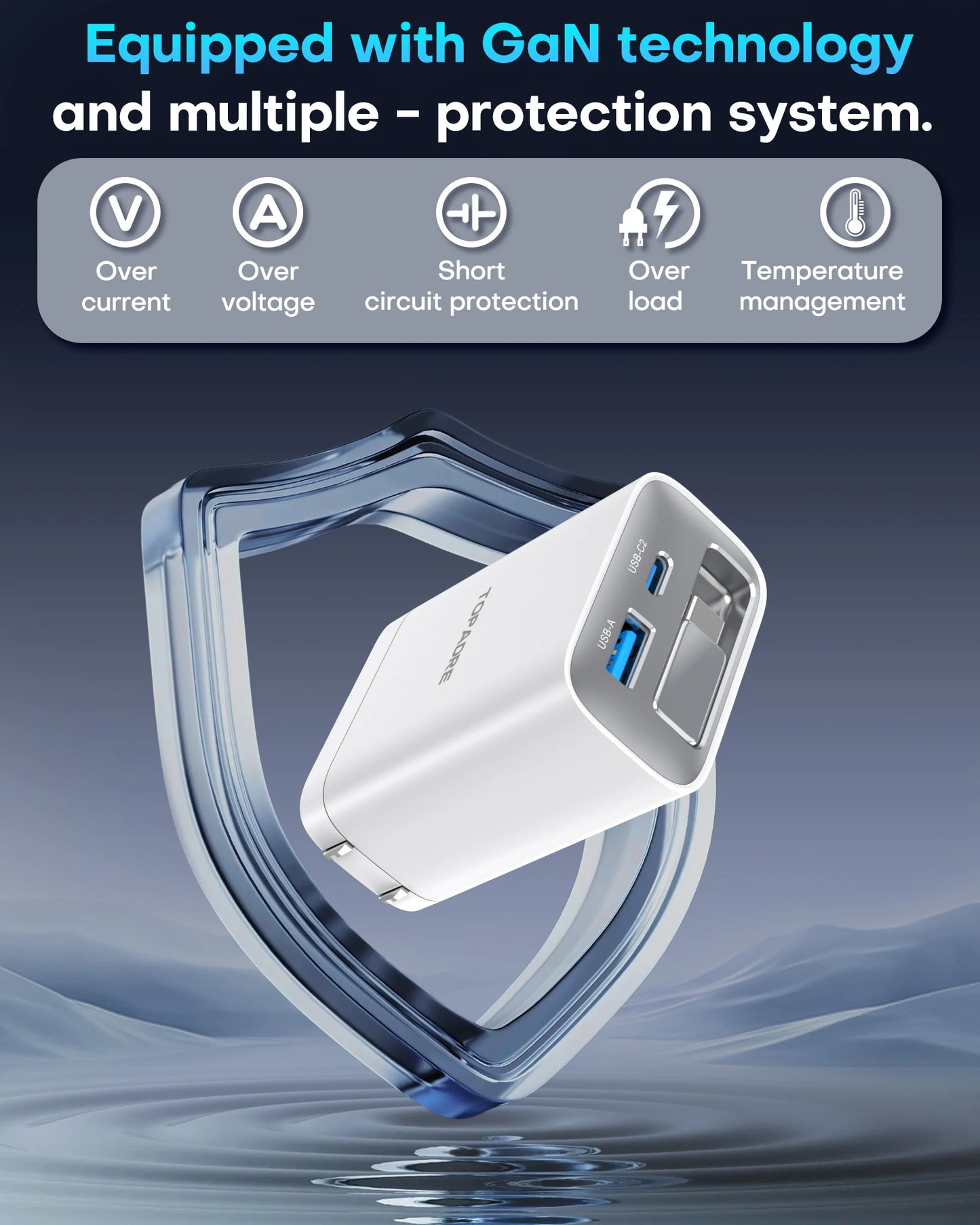 TOPADRE 65W GaN Wall Charger with Retractable USB-C Cable