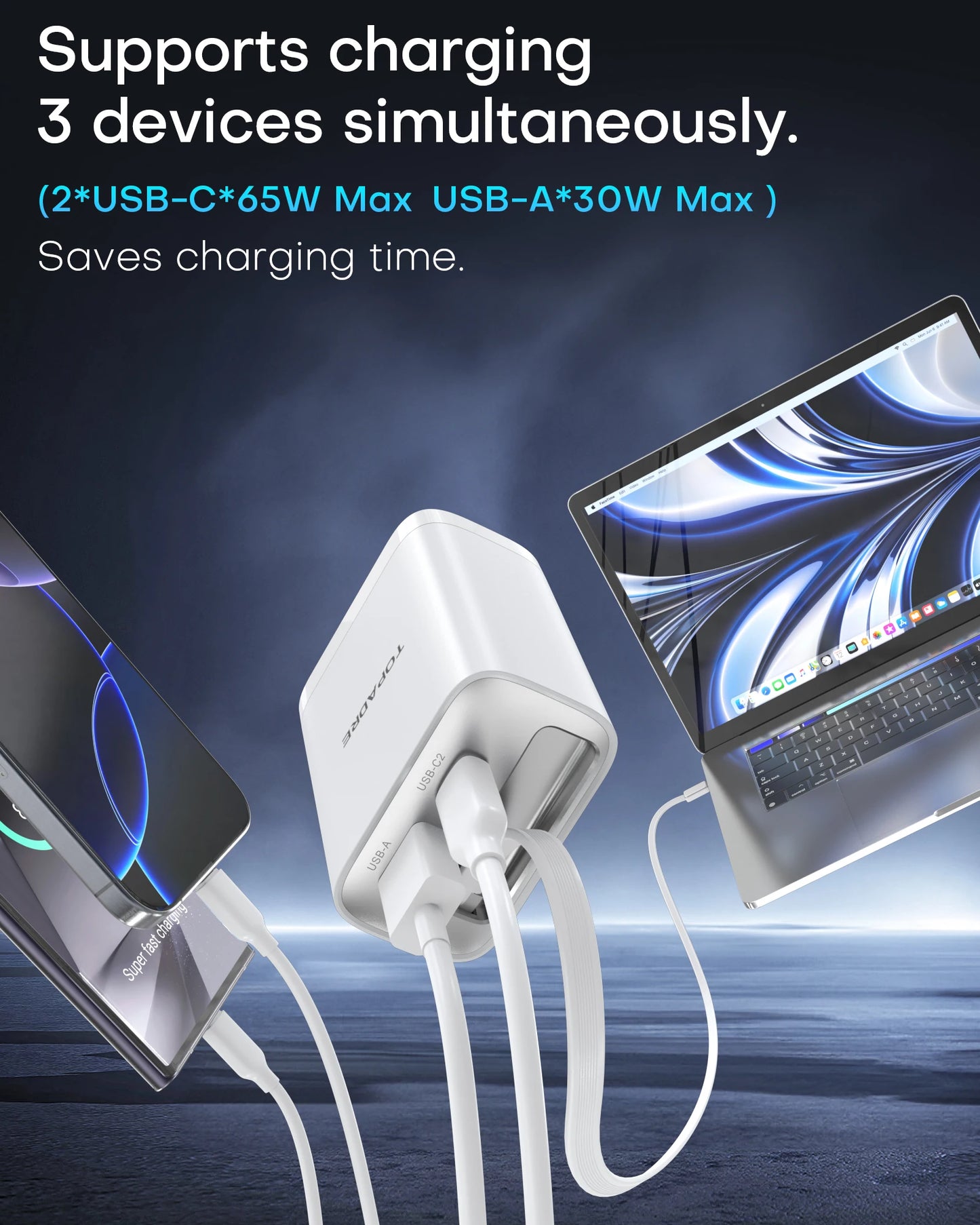TOPADRE 65W GaN Wall Charger with Retractable USB-C Cable