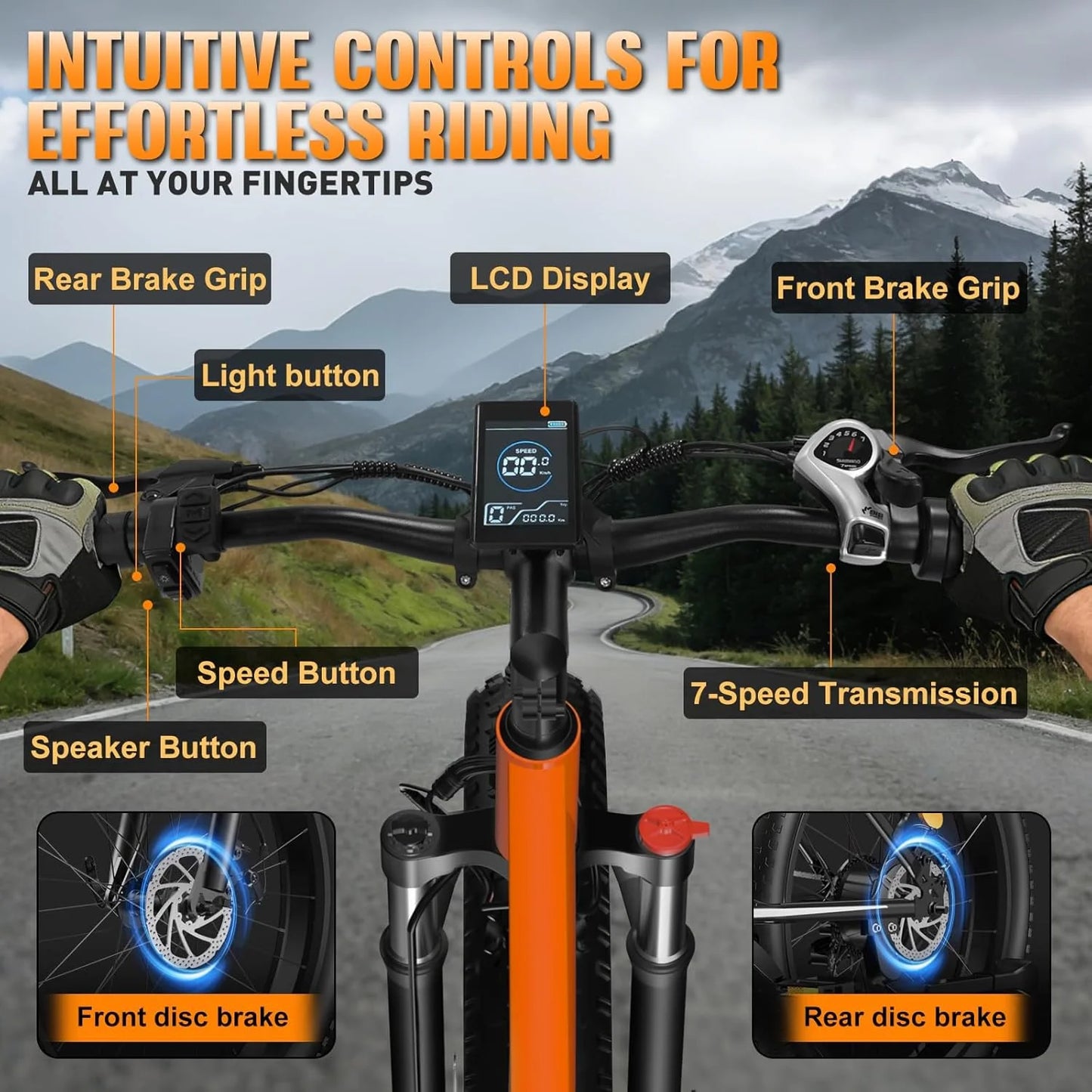 Orange Electric Bike 48V 15AH Battery 1500W Peak Motor