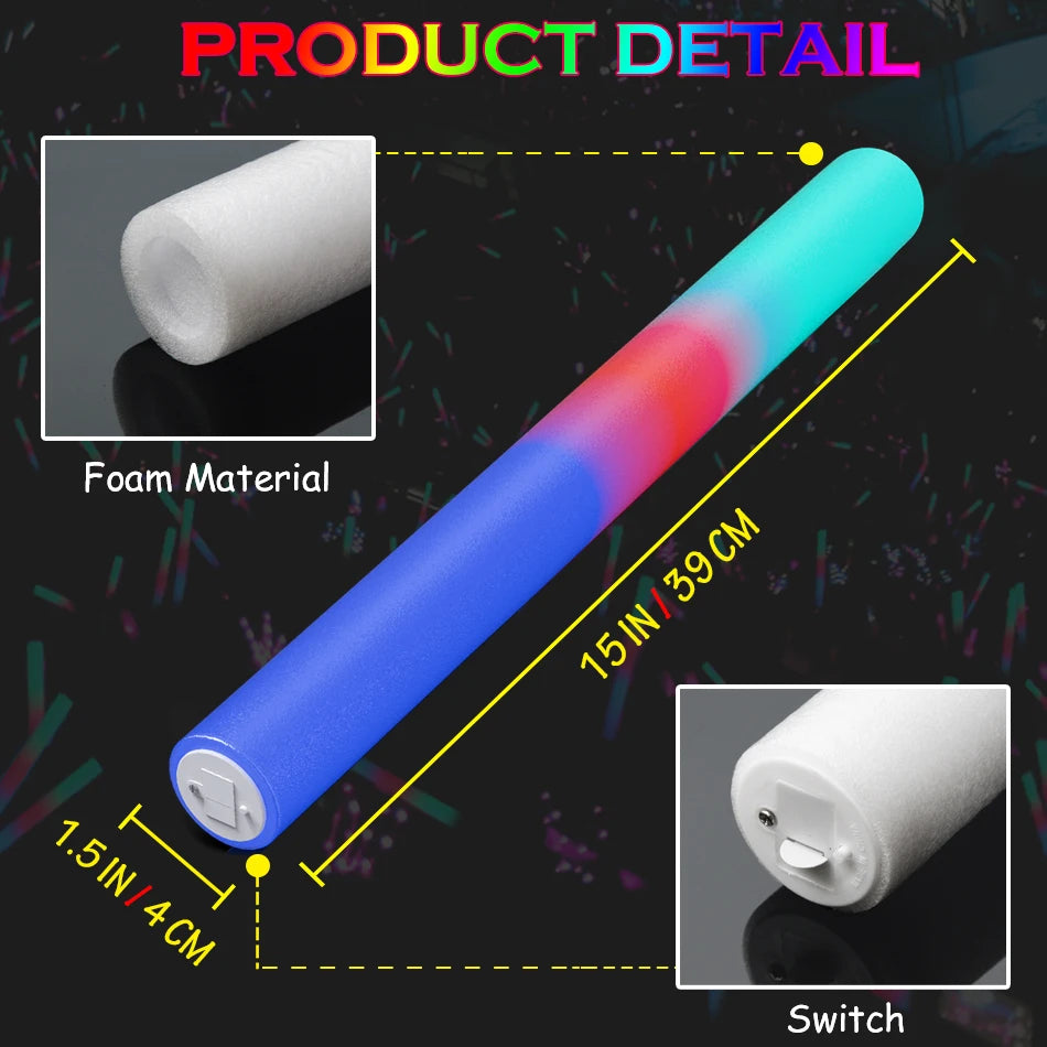 15/25/35/105 Pcs LED Foam Glow Sticks Bulk Colorful RGB