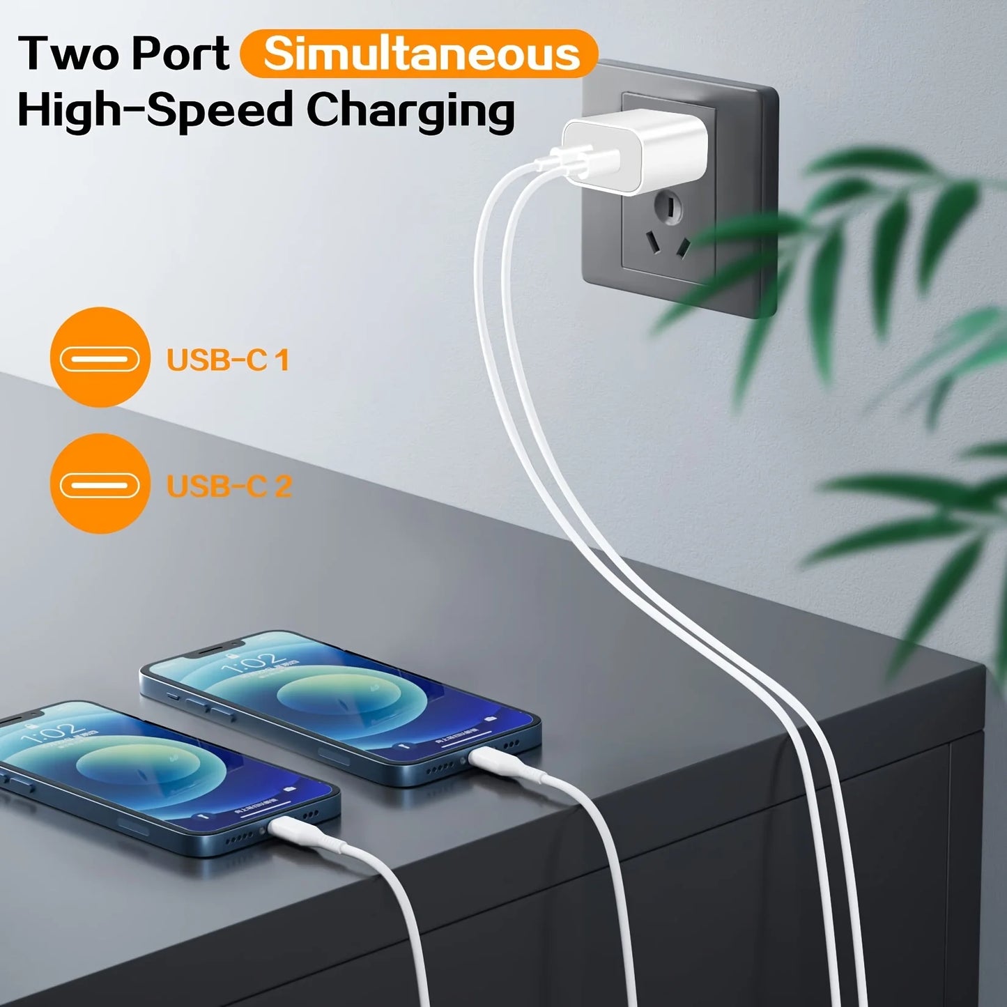 JAYUANONE 2Packs For iPhone Charger Fast Charging, 20W Dual USB C Wall Charger