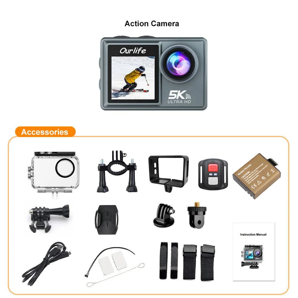 Ourlife 5K Action Camera 4K60FPS Dual IPS Screen