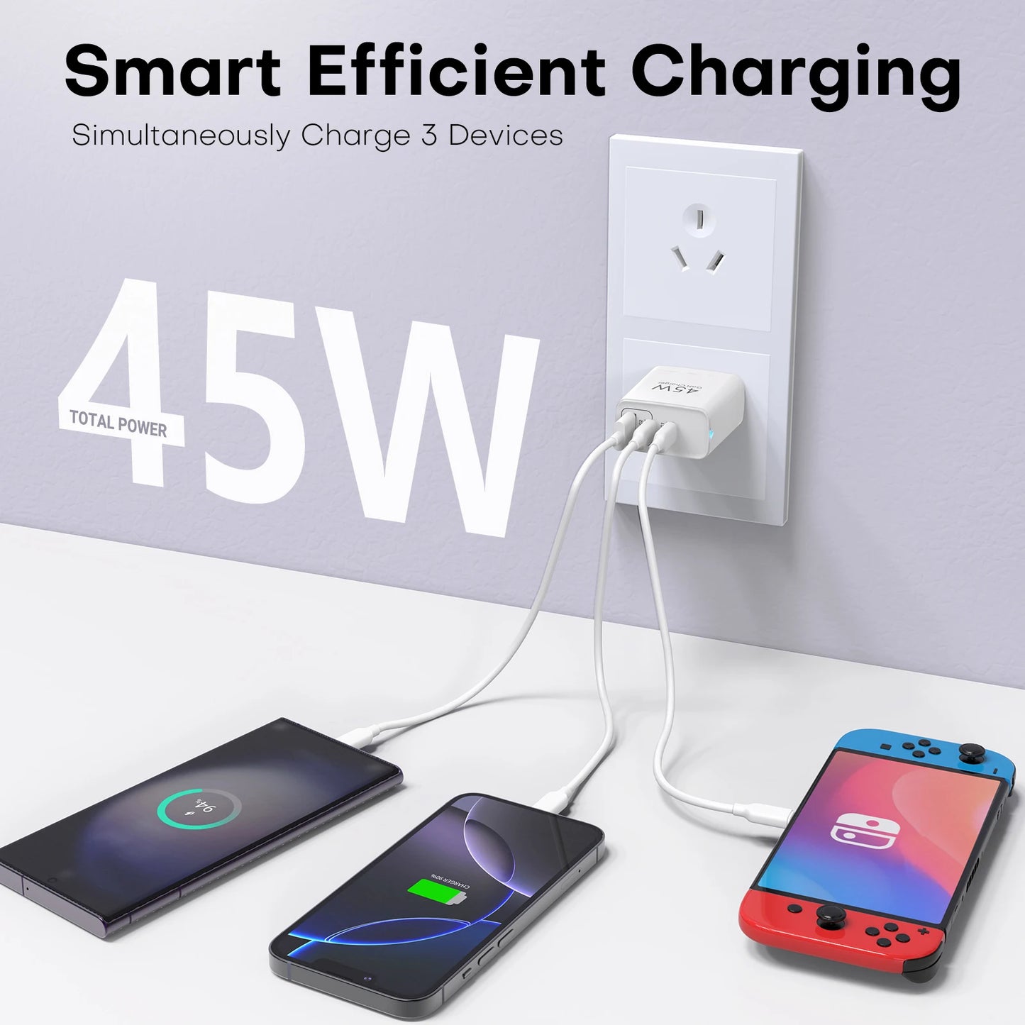 TOPADRE 2packs 45W 3 Port USB Charger Type C