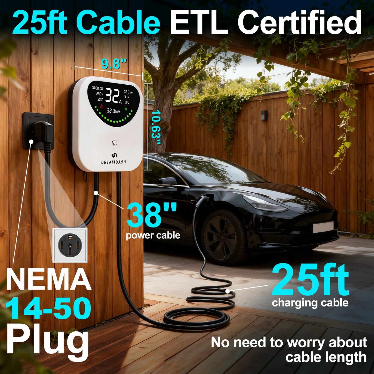 DREAMDASH 48A Level 2 EV Charger 11.5KW Wi-Fi Smart Charging Station