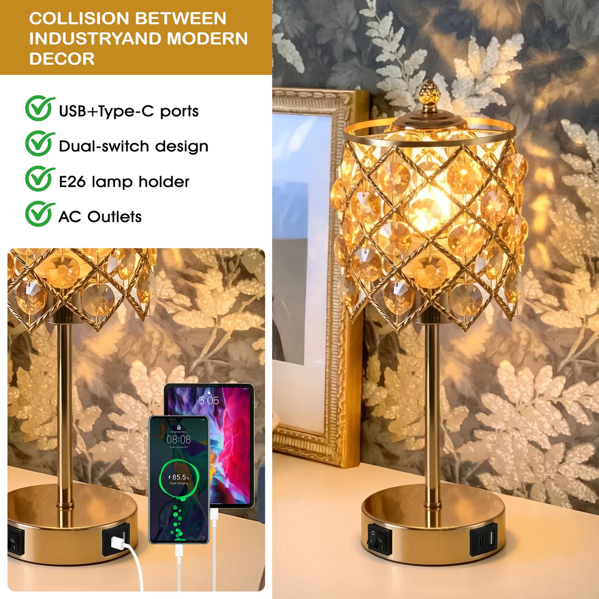 Luxury Gold Crystal Table Lamp with USB Charging Port & AC Outlet