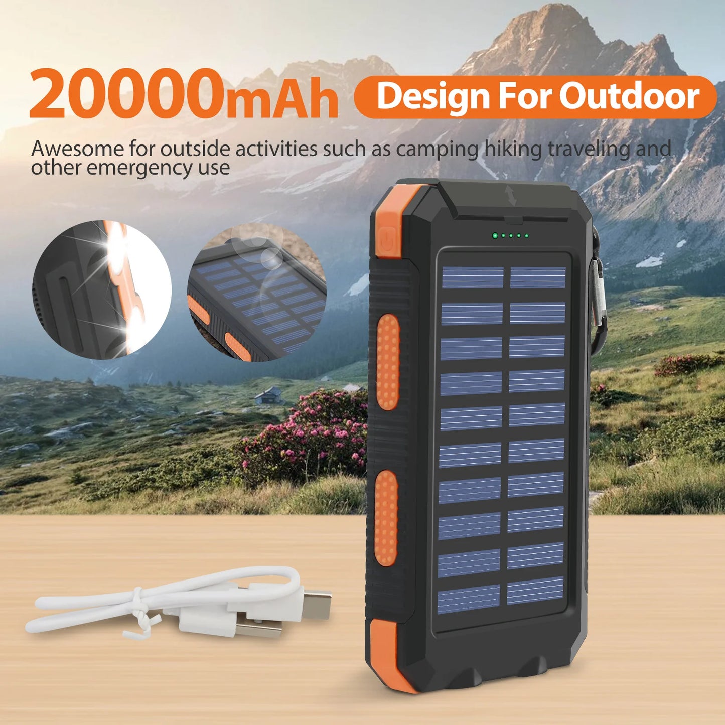 20000mAh Solar Power Bank Portable Solar Charger Waterproof