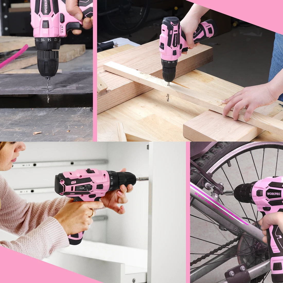WORKPRO Pink Cordless Drill Driver Set, 12V Electric Screwdriver