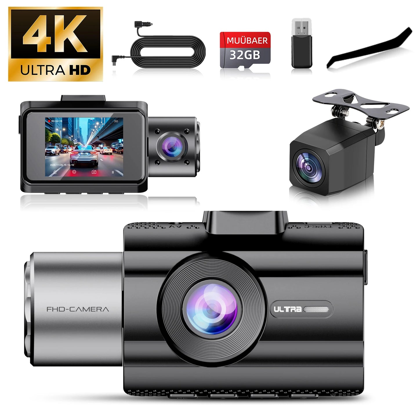 MUÜBAER Dash Cam for Cars 3 Channel Car DVR 4K Camera