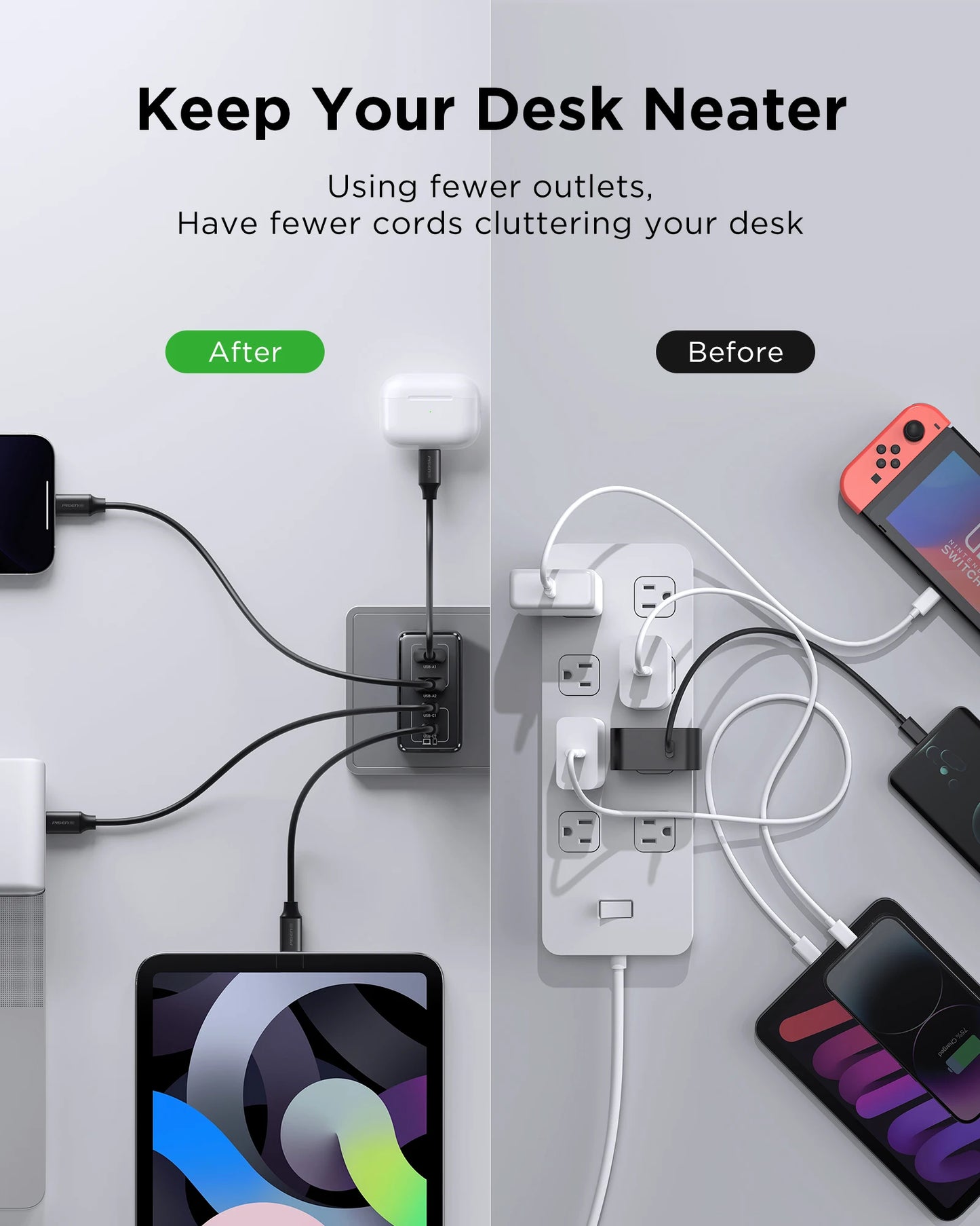 PISEN 65W 4-Port GaN Charger w/ 4FT C-C Cable
