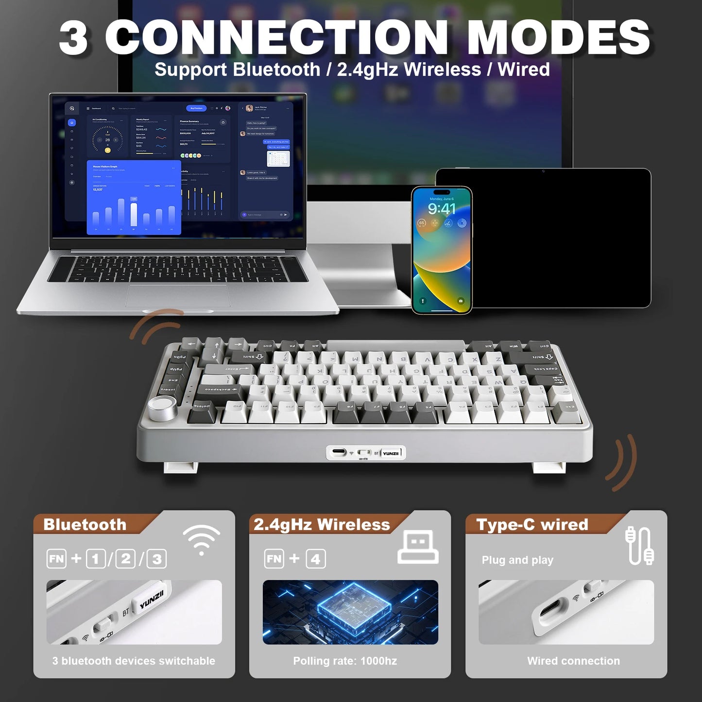 YUNZII B75 PRO 82-Key Wireless Mechanical Gaming Keyboard